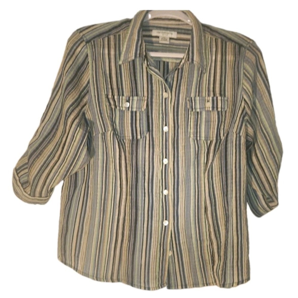 Liz Claiborne Petite PXL Striped Button Front Long Sleeve Top